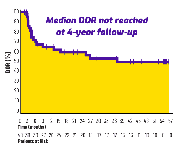 Yellow graph, outlining median study follow up time for patients treated in AMTAGVI cohort 4 and 2 trials, highlighting 36 months