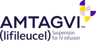 Image of the AMTAGVI lifileucel logo with floating yellow and puple shapes.